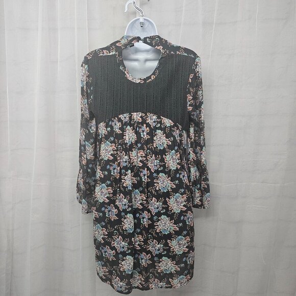 Volcom Gray Blue Floral Peasant Blouse Crochet Festival Tunic Boho Hippie S - Picture 6 of 13